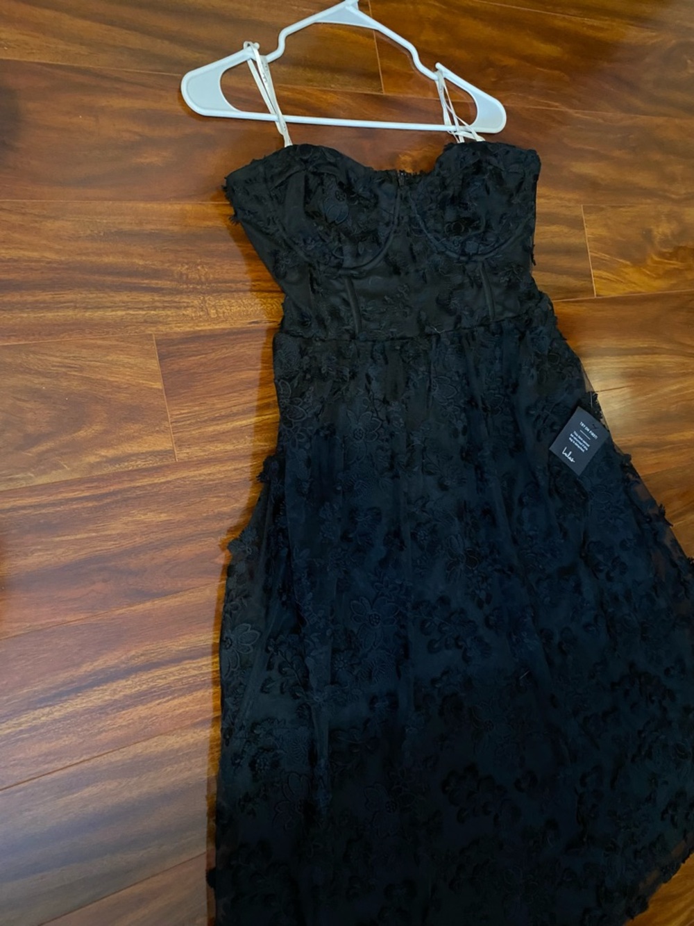 Lulus Quite Perfect Party Cocktail Black Lace embroidered strapless Midi Dress - Picture 4 of 12